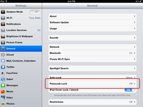 Enabling iPad passcode lock