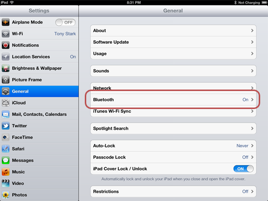 iPad Bluetooth settings