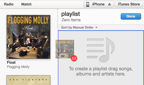 Dragging music into a iTunes playlist