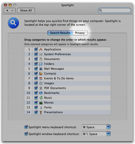 Spotlight privacy settings