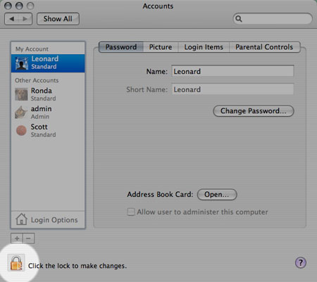 Logging in with an account user on a Mac