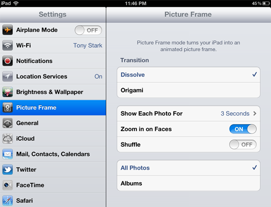 iPad picture frame settings