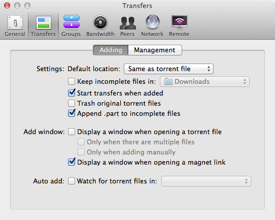 Transmission app settings for transfers