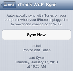 iPhone sync now setting in iPhone settings