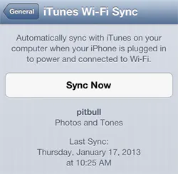 iPhone sync now setting in iPhone settings